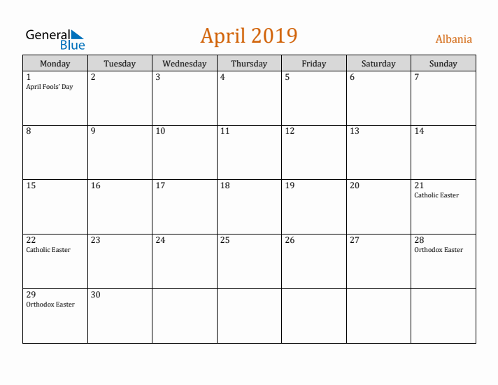 April 2019 Holiday Calendar with Monday Start