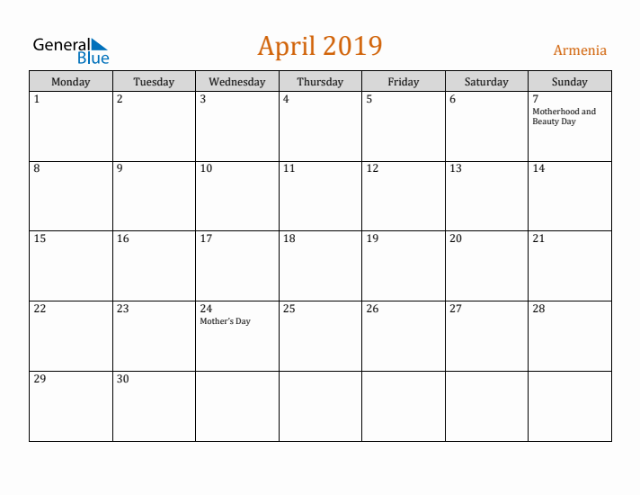 April 2019 Holiday Calendar with Monday Start