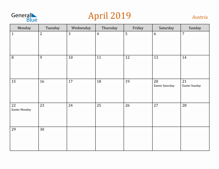 April 2019 Holiday Calendar with Monday Start