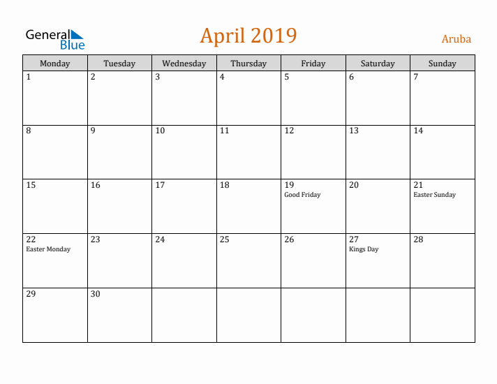 April 2019 Holiday Calendar with Monday Start