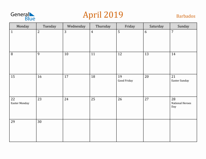 April 2019 Holiday Calendar with Monday Start