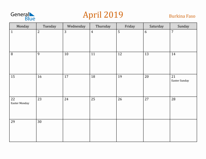 April 2019 Holiday Calendar with Monday Start