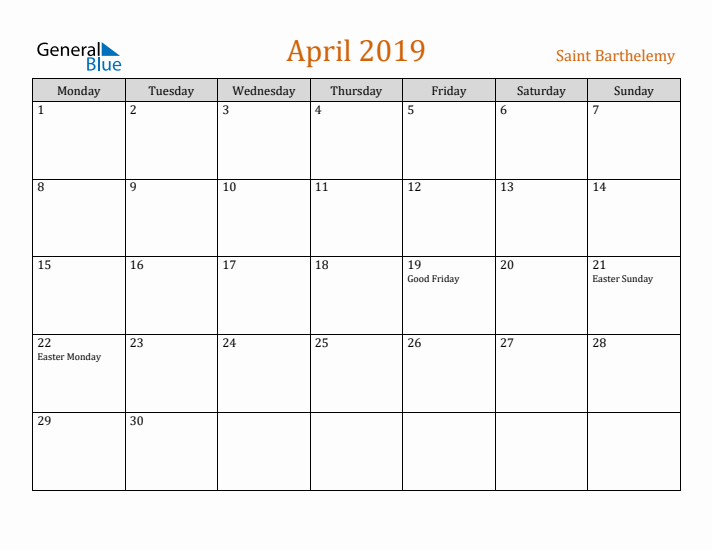 April 2019 Holiday Calendar with Monday Start