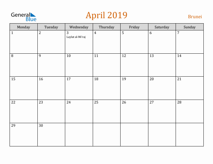 April 2019 Holiday Calendar with Monday Start