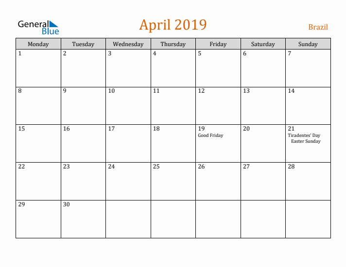 April 2019 Holiday Calendar with Monday Start