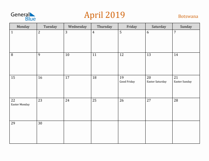 April 2019 Holiday Calendar with Monday Start