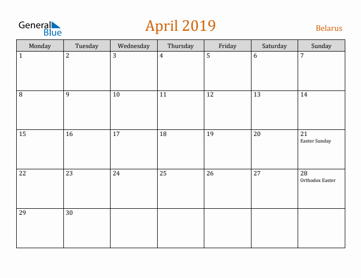 April 2019 Holiday Calendar with Monday Start