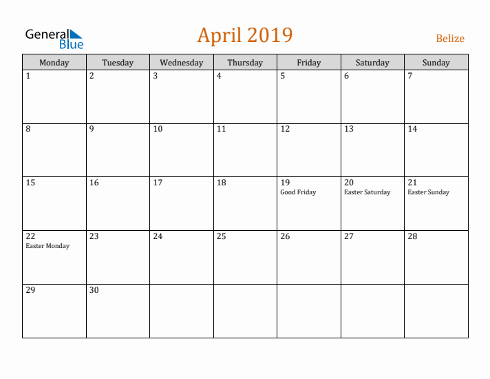 April 2019 Holiday Calendar with Monday Start