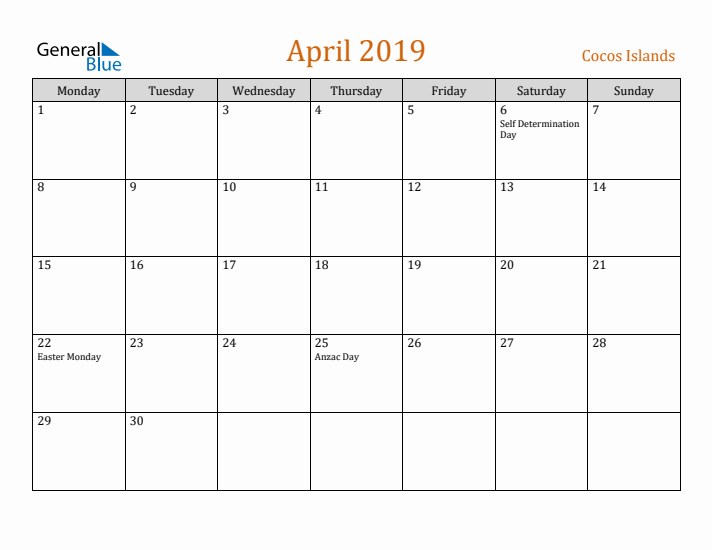 April 2019 Holiday Calendar with Monday Start