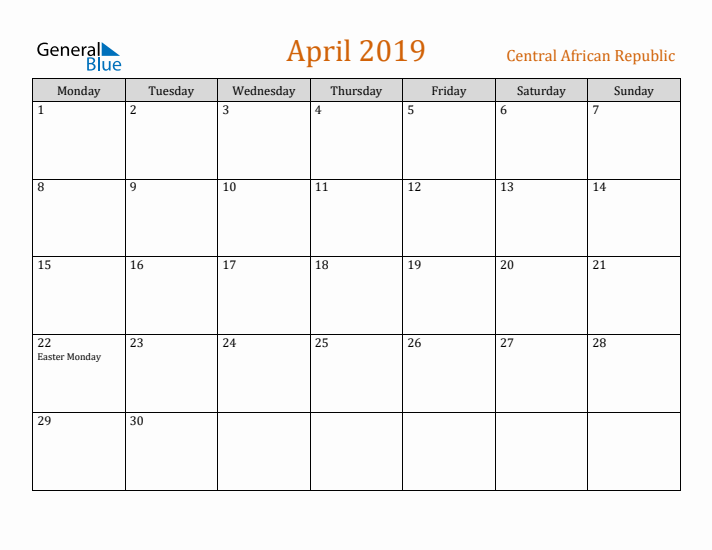 April 2019 Holiday Calendar with Monday Start