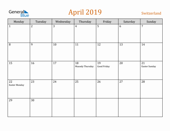 April 2019 Holiday Calendar with Monday Start