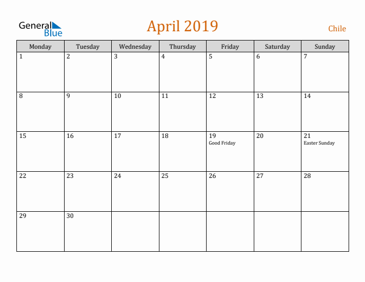 April 2019 Holiday Calendar with Monday Start