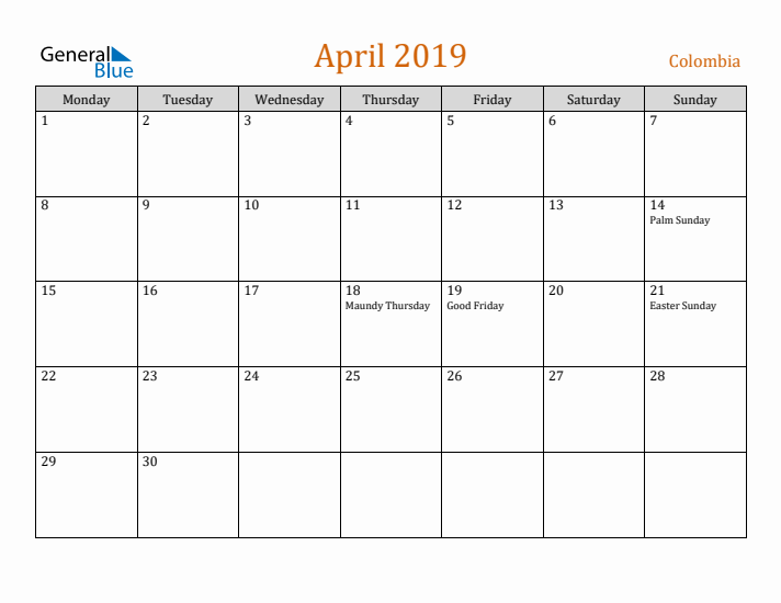 April 2019 Holiday Calendar with Monday Start