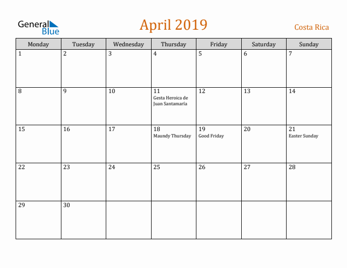 April 2019 Holiday Calendar with Monday Start