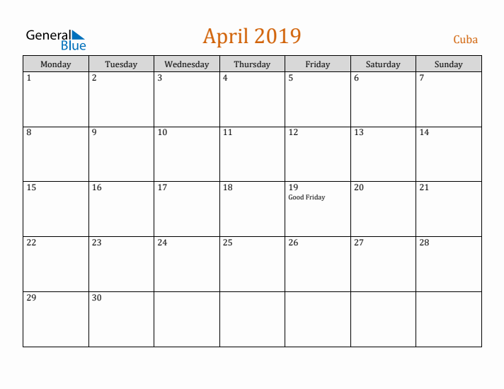 April 2019 Holiday Calendar with Monday Start