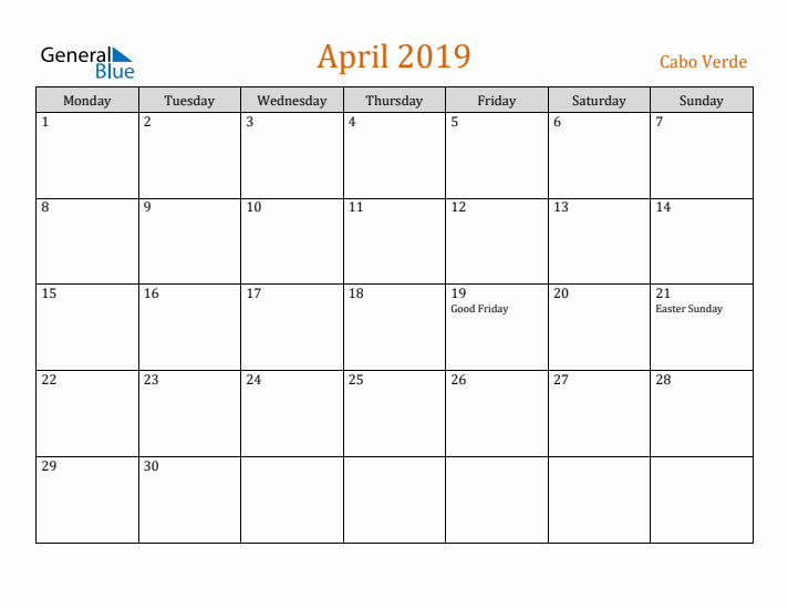 April 2019 Holiday Calendar with Monday Start