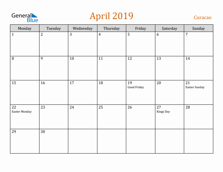 April 2019 Holiday Calendar with Monday Start