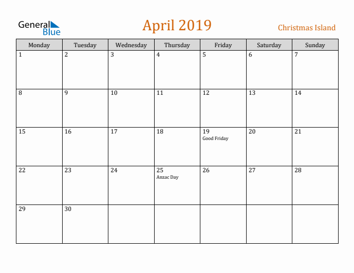 April 2019 Holiday Calendar with Monday Start