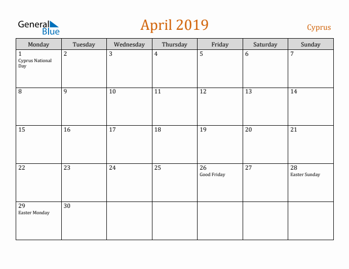 April 2019 Holiday Calendar with Monday Start