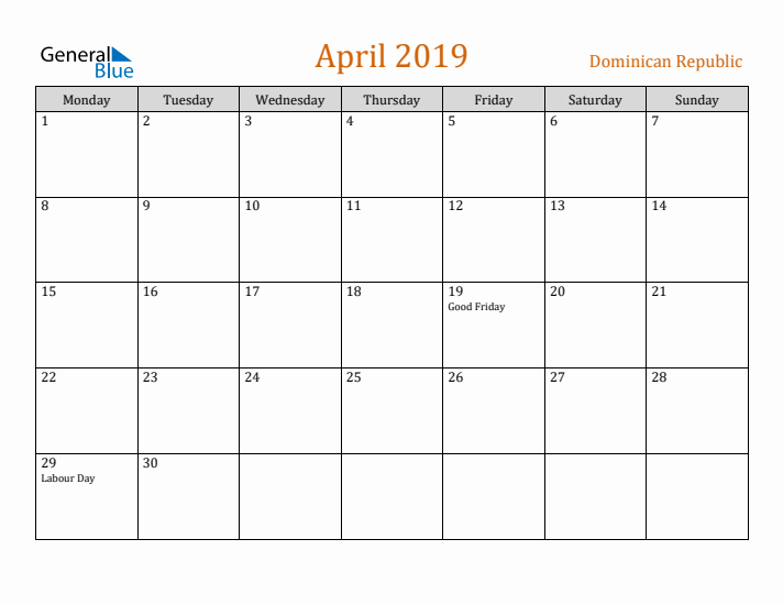 April 2019 Holiday Calendar with Monday Start