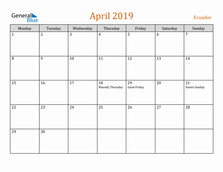 April 2019 Holiday Calendar with Monday Start