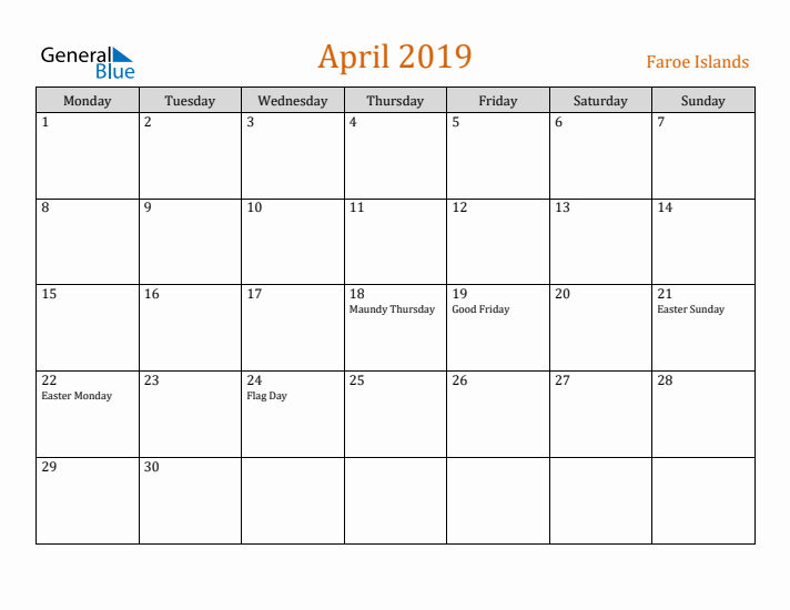 April 2019 Holiday Calendar with Monday Start