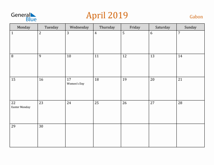 April 2019 Holiday Calendar with Monday Start