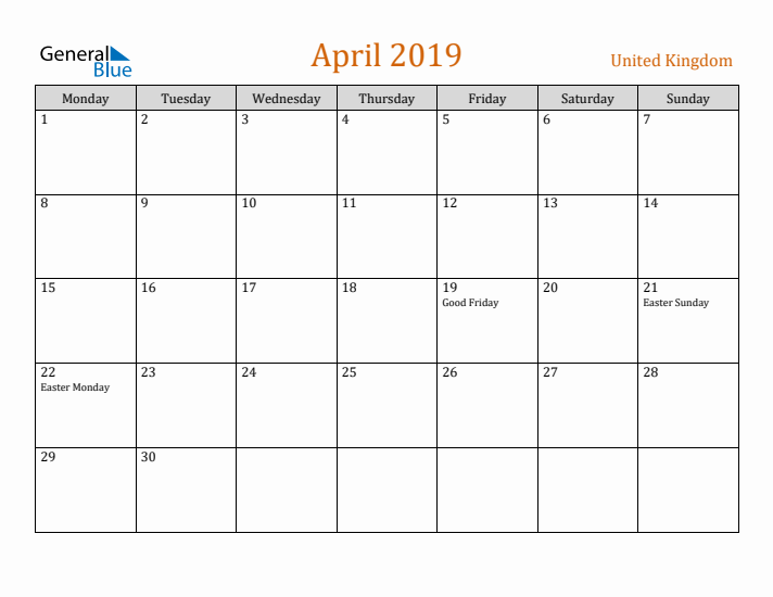 April 2019 Holiday Calendar with Monday Start