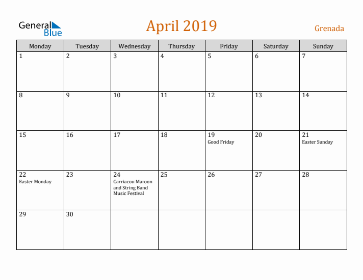 April 2019 Holiday Calendar with Monday Start