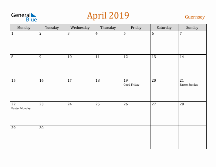 April 2019 Holiday Calendar with Monday Start