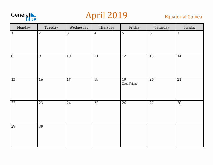 April 2019 Holiday Calendar with Monday Start