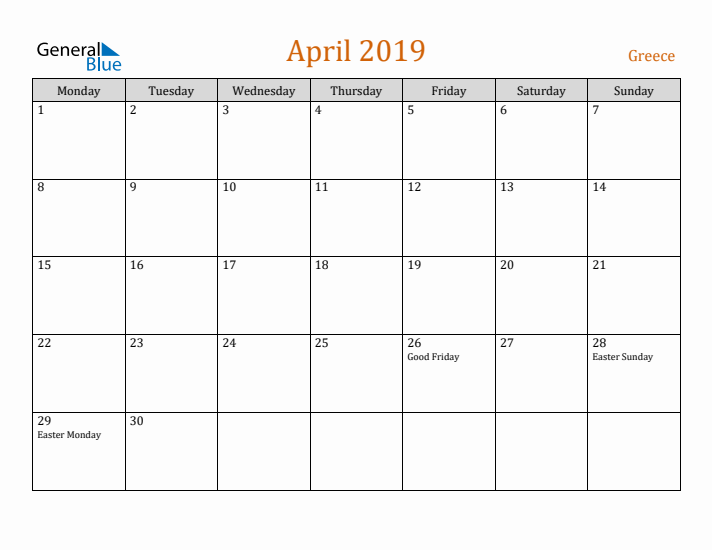 April 2019 Holiday Calendar with Monday Start