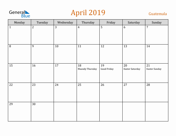 April 2019 Holiday Calendar with Monday Start