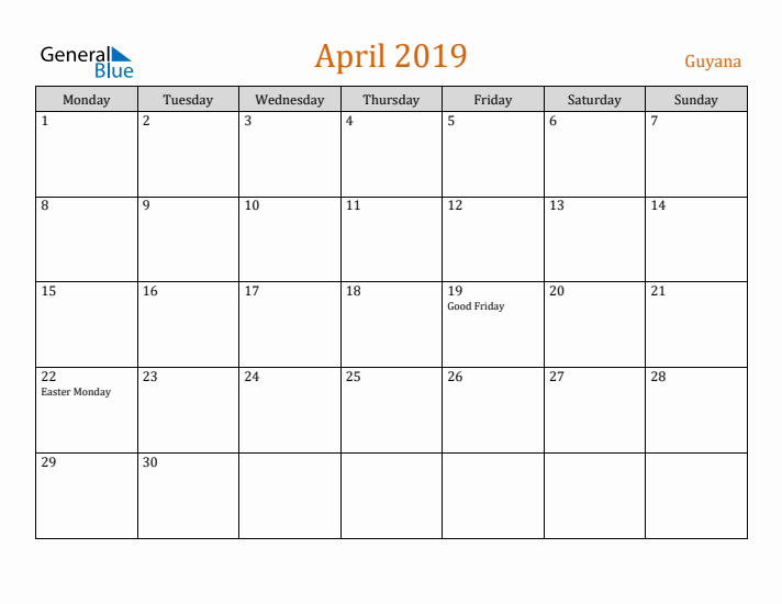 April 2019 Holiday Calendar with Monday Start