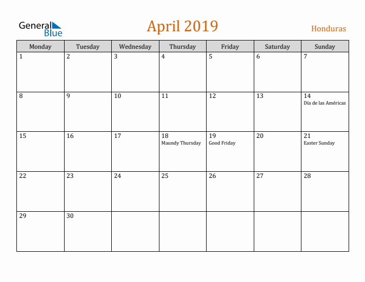 April 2019 Holiday Calendar with Monday Start