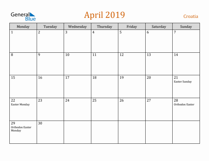 April 2019 Holiday Calendar with Monday Start