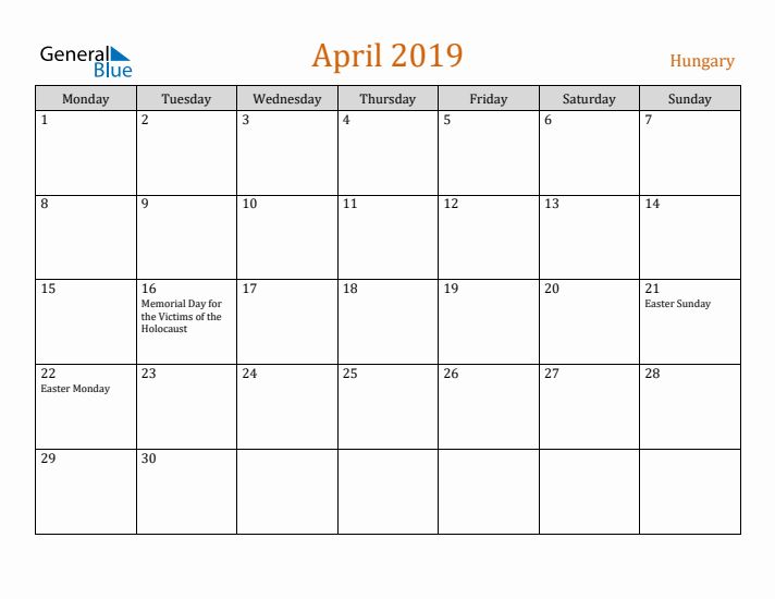 April 2019 Holiday Calendar with Monday Start