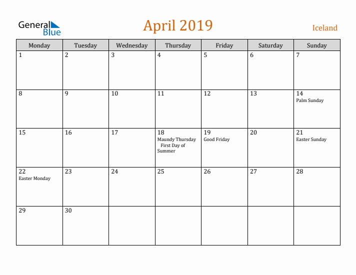 April 2019 Holiday Calendar with Monday Start