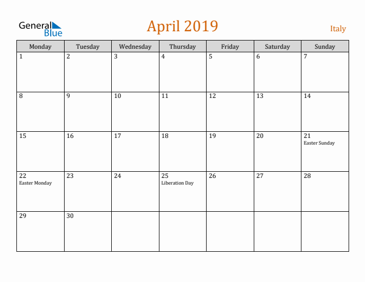 April 2019 Holiday Calendar with Monday Start