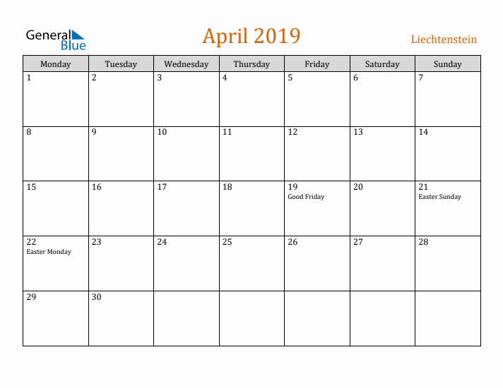 April 2019 Holiday Calendar with Monday Start