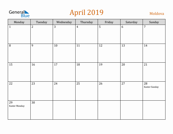 April 2019 Holiday Calendar with Monday Start