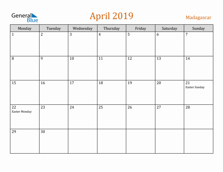 April 2019 Holiday Calendar with Monday Start