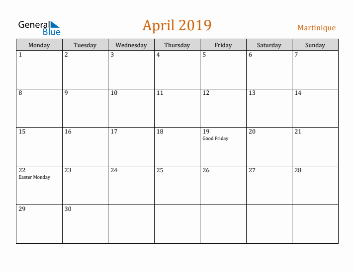 April 2019 Holiday Calendar with Monday Start