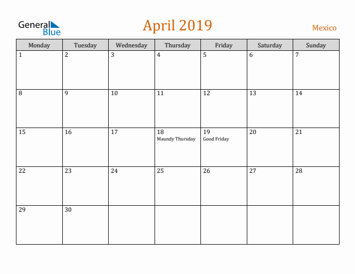 April 2019 Holiday Calendar with Monday Start