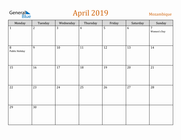 April 2019 Holiday Calendar with Monday Start