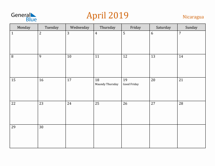 April 2019 Holiday Calendar with Monday Start