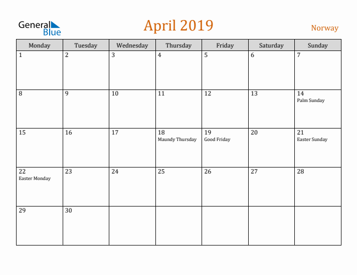 April 2019 Holiday Calendar with Monday Start