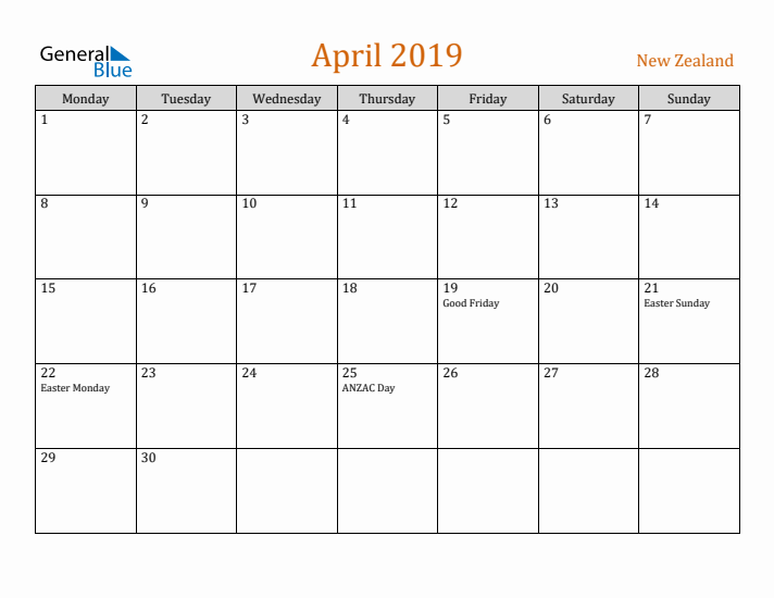 April 2019 Holiday Calendar with Monday Start