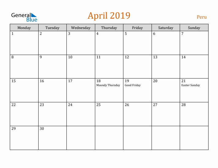 April 2019 Holiday Calendar with Monday Start