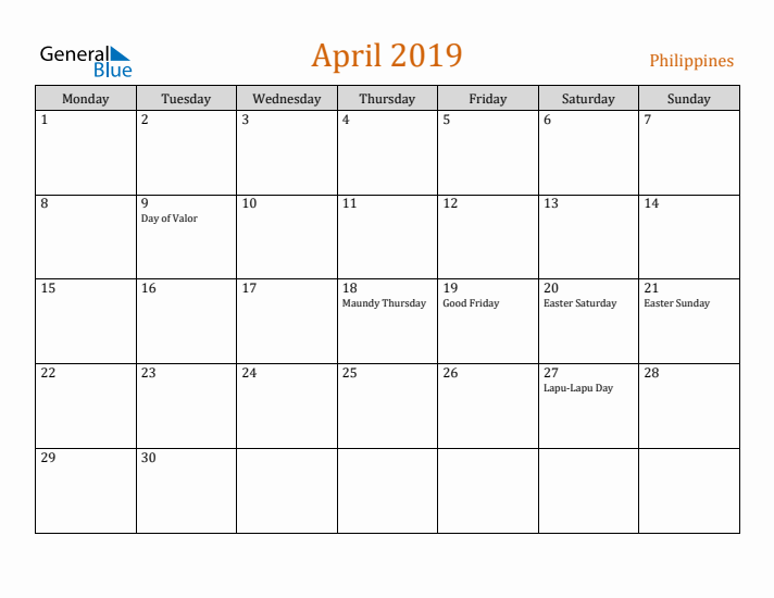 April 2019 Holiday Calendar with Monday Start